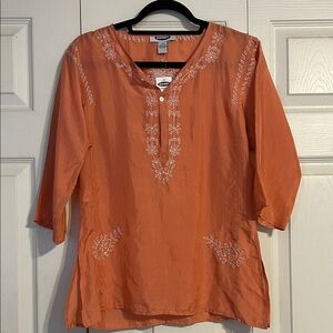 OLD NAVY X-Small NWT 100% Silk Coral White Embroidered Henley Tunic Semi-Sheer